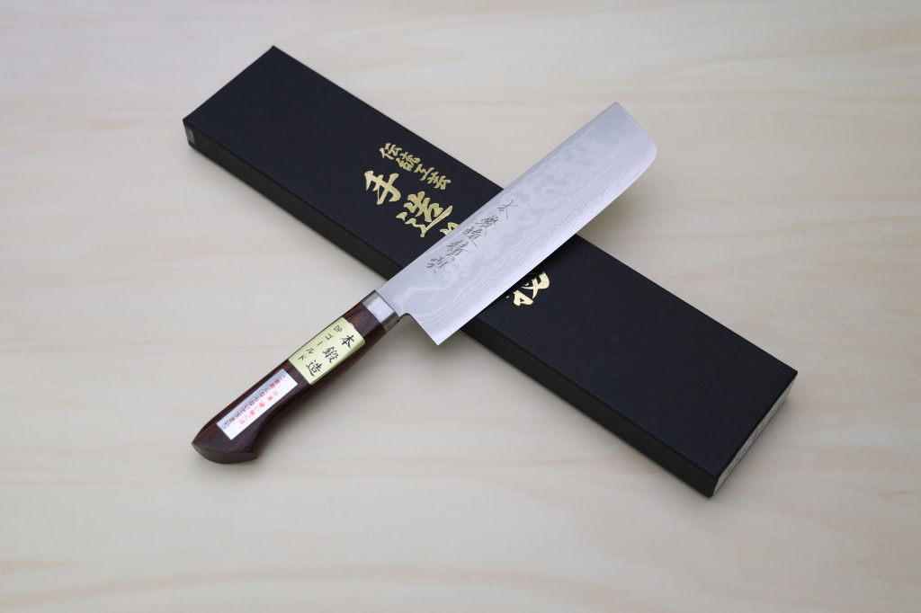 Miki VG1 35 Layers Damascus Nakiri knife 165mm (6.5") Mahogany Pakkawood handle - Knife-Life - Best Japanese Knife Store