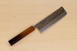 Hokiyama Sakon AUS10 Hammered shiny Damascus 165mm (6.5") Nakiri knife with Burnt pattern Urushi lacquered Magnolia Wood octagon handle
