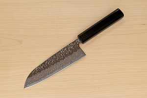 Hokiyama Sakon AUS10 Hammered shiny Damascus 165mm (6.5") Santoku knife with Gold Dust Urushi lacquered Magnolia Wood octagon handle