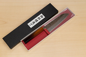 Hokiyama Sakon AUS10 Hammered shiny Damascus 165mm (6.5") Santoku knife with Burnt pattern Urushi lacquered Magnolia Wood octagon handle
