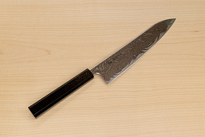 Hokiyama Sakon Bokusui AUS10 ROU-Wave Damascus 210mm (8.3") Gyuto knife with Gold Dust Urushi lacquered Magnolia Wood octagon handle