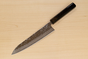 Hokiyama Sakon AUS10 Hammered shiny Damascus 210mm (8.3") Gyuto knife with Gold Dust Urushi lacquered Magnolia Wood octagon handle