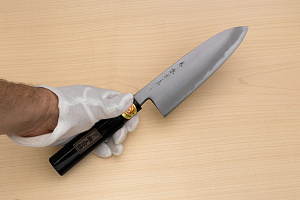 Sakai Genkichi Warikomi White steel 2 Santoku knife 180mm (7.1) Magnolia Wood with Akebono-Nuri Urushi Lacque