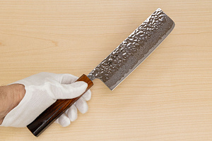 Hokiyama Sakon AUS10 Hammered shiny Damascus 165mm (6.5") Nakiri knife with Burnt pattern Urushi lacquered Magnolia Wood octagon handle