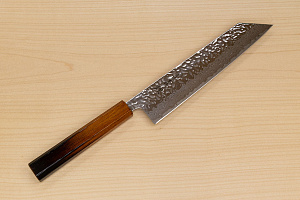 Hokiyama Sakon AUS10 Hammered shiny Damascus 210mm (8.3") Kiritsuke knife with Burnt pattern Urushi lacquered Magnolia Wood octagon handle