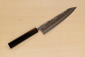 Hokiyama Sakon AUS10 Hammered shiny Damascus 210mm (8.3") Gyuto knife with Gold Dust Urushi lacquered Magnolia Wood octagon handle