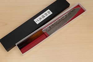 Hokiyama Sakon AUS10 Hammered shiny Damascus 240mm (9.5") Gyuto knife with Burnt pattern Urushi lacquered Magnolia Wood octagon handle
