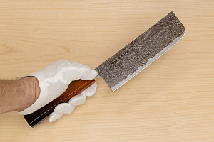 Hokiyama Sakon Bokusui AUS10 ROU-Wave Damascus 165mm (6.5") Nakiri knife with Burnt pattern Urushi lacquered Magnolia Wood octagon handle