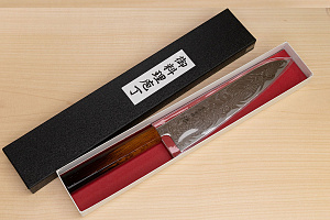 Hokiyama Sakon Bokusui AUS10 ROU-Wave Damascus 210mm (8.3") Gyuto knife with Burnt pattern Urushi lacquered Magnolia Wood octagon handle