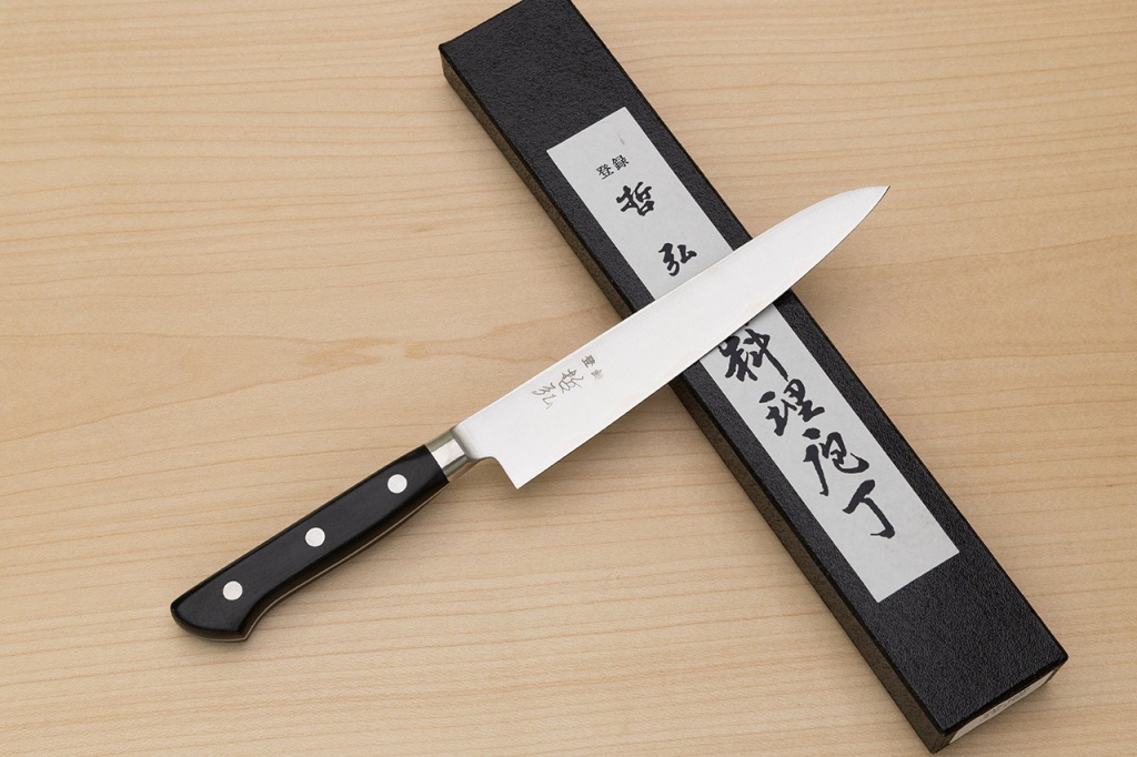 Tetsuhiro Blue Super Petty knife 150mm (6") Black paper micarta - Knife-Life - Best Japanese Knife Store