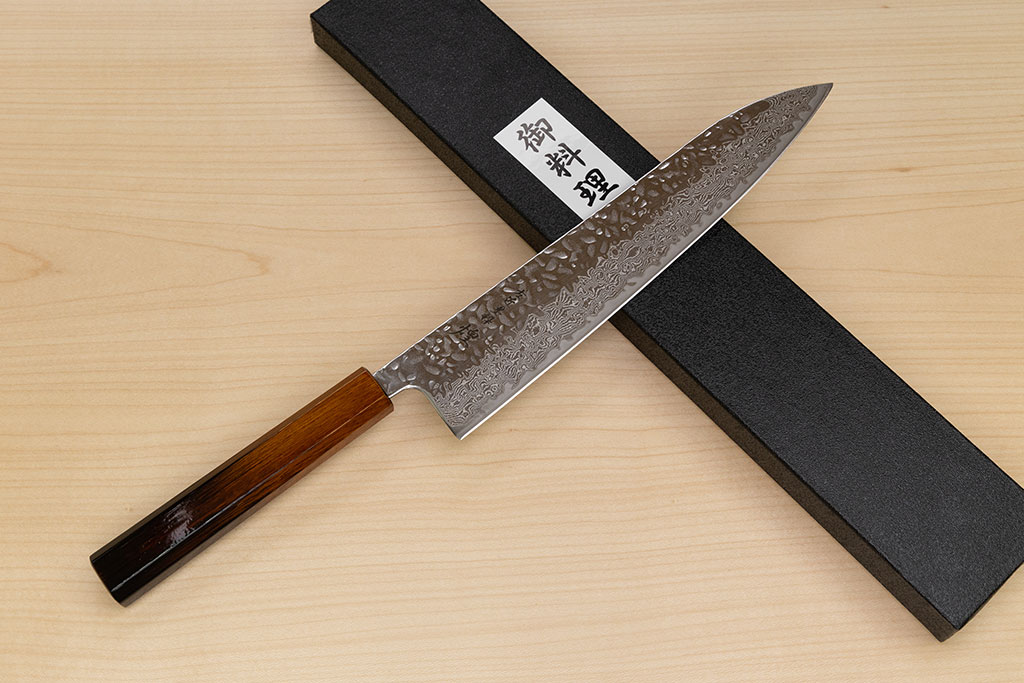 Hokiyama Sakon AUS10 Hammered shiny Damascus 240mm (9.5") Gyuto knife with Burnt pattern Urushi lacquered Magnolia Wood octagon handle - Knife-Life - Best Japanese Knife Store