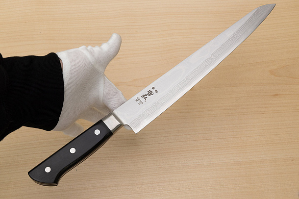Tetsuhiro VG10 Kasumi nagashi Damascus Sujihiki knife 270mm (10.7") Black paper micarta