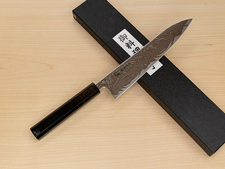 Hokiyama Sakon Bokusui AUS10 ROU-Wave Damascus 210mm (8.3") Gyuto knife with Gold Dust Urushi lacquered Magnolia Wood octagon handle