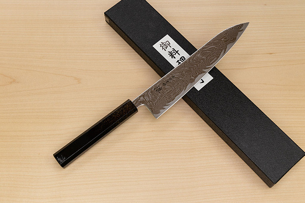 Hokiyama Sakon Bokusui AUS10 ROU-Wave Damascus 210mm (8.3") Gyuto knife with Gold Dust Urushi lacquered Magnolia Wood octagon handle