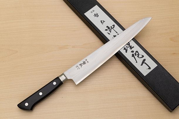 Tetsuhiro VG10 Kasumi nagashi Damascus Sujihiki knife 240mm (9.5") Black paper micarta