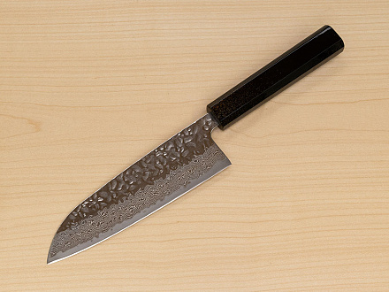 Hokiyama Sakon AUS10 Hammered shiny Damascus 165mm (6.5") Santoku knife with Gold Dust Urushi lacquered Magnolia Wood octagon handle