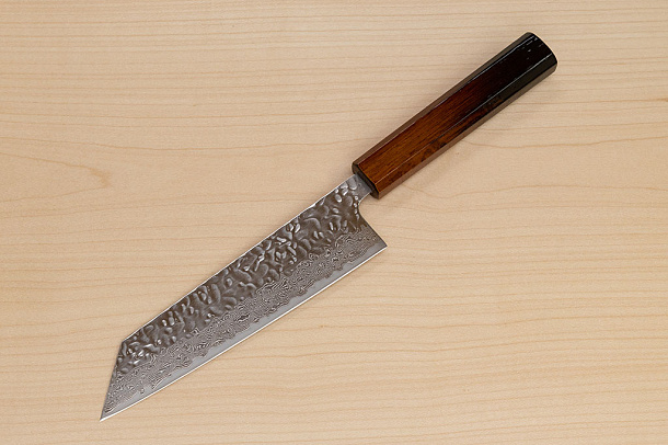 Hokiyama Sakon AUS10 Hammered shiny Damascus 170mm (6.7") Bunka knife with Burnt pattern Urushi lacquered Magnolia Wood octagon handle Hokiyama Sakon AUS10 Hammered shiny Damascus 170mm (6.7") Bunka knife with Burnt pattern Urushi lacquered Magnolia Wood octagon handle