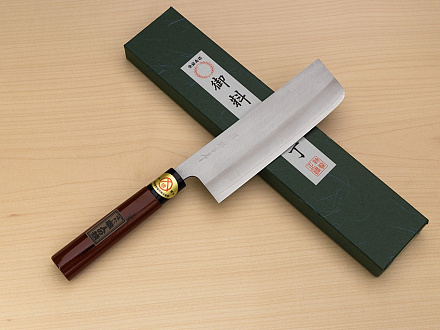 Sakai Genkichi Warikomi AUS8 Nakiri vegetable knife 165mm (6.5) Magnolia Wood with  Negoro-Nuri Urushi Lacque