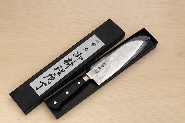 Tetsuhiro VG10 Damascus Santoku knife 170mm (6.7") Black paper micarta