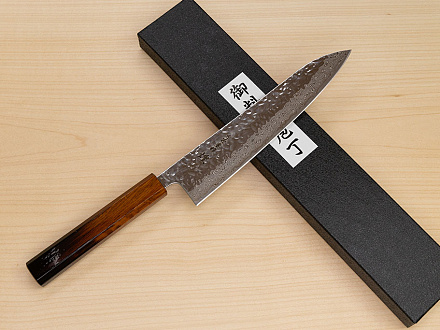 Hokiyama Sakon AUS10 Hammered shiny Damascus 210mm (8.3") Gyuto knife with Burnt pattern Urushi lacquered Magnolia Wood octagon handle
