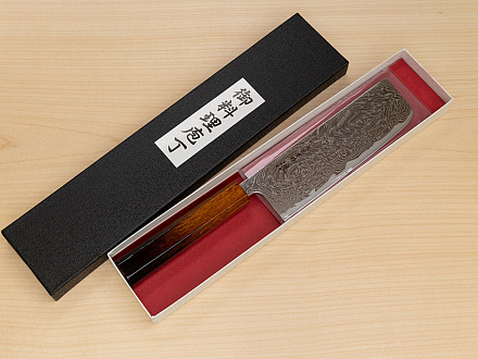 Hokiyama Sakon Bokusui AUS10 ROU-Wave Damascus 165mm (6.5") Nakiri knife with Burnt pattern Urushi lacquered Magnolia Wood octagon handle