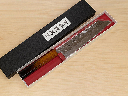Hokiyama Sakon AUS10 Hammered shiny Damascus 210mm (8.3") Kiritsuke knife with Burnt pattern Urushi lacquered Magnolia Wood octagon handle