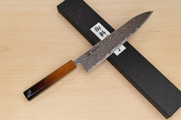 Hokiyama Sakon Bokusui AUS10 ROU-Wave Damascus 240mm (9.5") Gyuto knife with Burnt pattern Urushi lacquered Magnolia Wood octagon handle