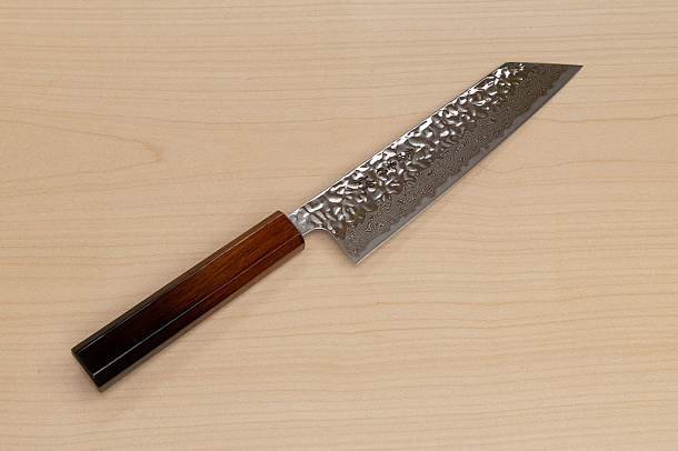 Hokiyama Sakon AUS10 Hammered shiny Damascus 170mm (6.7") Bunka knife with Burnt pattern Urushi lacquered Magnolia Wood octagon handle Hokiyama Sakon AUS10 Hammered shiny Damascus 170mm (6.7") Bunka knife with Burnt pattern Urushi lacquered Magnolia Wood octagon handle