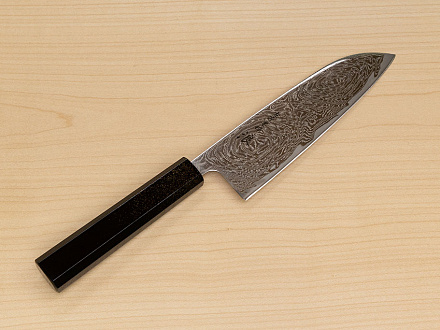 Hokiyama Sakon Bokusui AUS10 ROU-Wave Damascus 165mm (6.5") Santoku knife with Gold Dust Urushi lacquered Magnolia Wood octagon handle