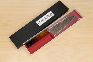 Hokiyama Sakon Bokusui AUS10 ROU-Wave Damascus 165mm (6.5") Santoku knife with Burnt pattern Urushi lacquered Magnolia Wood octagon handle
