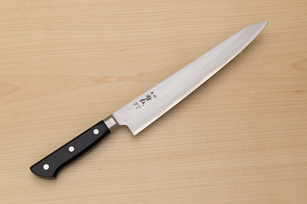 Tetsuhiro VG10 Kasumi nagashi Damascus Sujihiki knife 240mm (9.5") Black paper micarta Tetsuhiro VG10 Kasumi nagashi Damascus Sujihiki knife 240mm (9.5") Black paper micarta