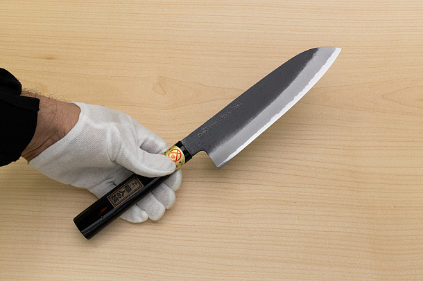 Sakai Genkichi Kurouchi Warikomi White steel 2 Santoku knife 180mm (7.1) Magnolia Wood with Akebono-Nuri Urushi Lacque