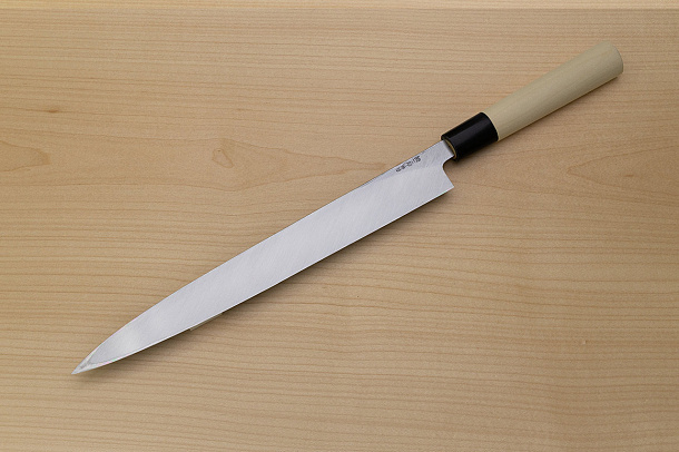 Sakai Genkichi White steel 2 Yanagiba Knife for Sashimi 300 (11.8) Magnolia Wood handle with buffalo horn Sakai Genkichi White steel 2 Yanagiba Knife for Sashimi 300 (11.8) Magnolia Wood handle with buffalo horn