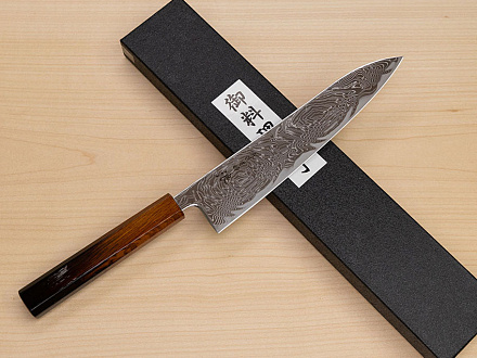 Hokiyama Sakon Bokusui AUS10 ROU-Wave Damascus 210mm (8.3") Gyuto knife with Burnt pattern Urushi lacquered Magnolia Wood octagon handle