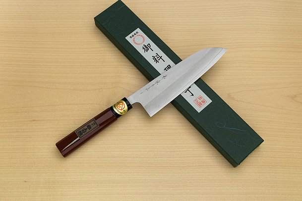 Sakai Genkichi Warikomi AUS8 Santoku knife 180mm (7.1) Magnolia Wood with  Negoro-Nuri Urushi Lacque