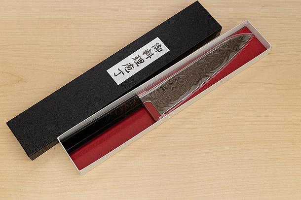 Hokiyama Sakon Bokusui AUS10 ROU-Wave Damascus 210mm (8.3") Gyuto knife with Gold Dust Urushi lacquered Magnolia Wood octagon handle