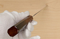 Hokiyama Sakon AUS10 Hammered shiny Damascus 165mm (6.5") Santoku knife with Burnt pattern Urushi lacquered Magnolia Wood octagon handle - Knife-Life - Best Japanese Knife Store
