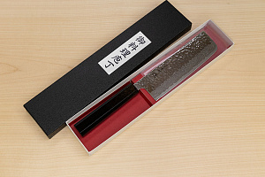 Hokiyama Sakon AUS10 Hammered shiny Damascus 165mm (6.5") Nakiri knife with Gold Dust Urushi lacquered Magnolia Wood octagon handle
