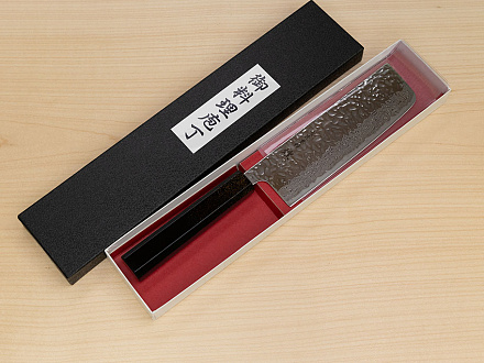 Hokiyama Sakon AUS10 Hammered shiny Damascus 165mm (6.5") Nakiri knife with Gold Dust Urushi lacquered Magnolia Wood octagon handle
