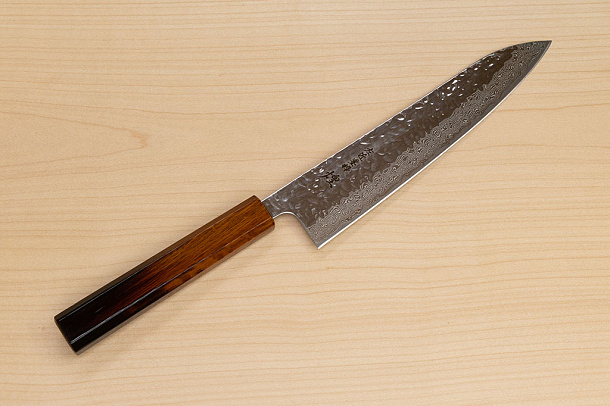 Hokiyama Sakon AUS10 Hammered shiny Damascus 210mm (8.3") Gyuto knife with Burnt pattern Urushi lacquered Magnolia Wood octagon handle