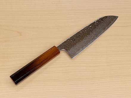Hokiyama Sakon AUS10 Hammered shiny Damascus 165mm (6.5") Santoku knife with Burnt pattern Urushi lacquered Magnolia Wood octagon handle