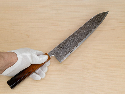 Hokiyama Sakon Bokusui AUS10 ROU-Wave Damascus 240mm (9.5") Gyuto knife with Burnt pattern Urushi lacquered Magnolia Wood octagon handle