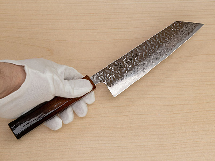 Hokiyama Sakon AUS10 Hammered shiny Damascus 170mm (6.7") Bunka knife with Burnt pattern Urushi lacquered Magnolia Wood octagon handle
