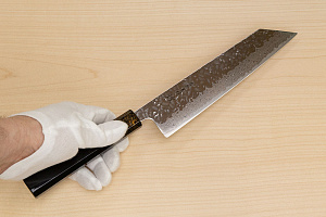 Hokiyama Sakon AUS10 Hammered shiny Damascus 210mm (8.3") Kiritsuke knife with Gold Dust Urushi lacquered Magnolia Wood octagon handle