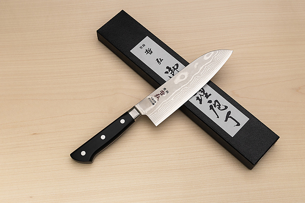 Tetsuhiro VG10 Damascus Santoku knife 170mm (6.7") Black paper micarta
