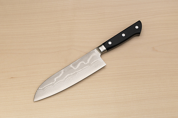 Tetsuhiro VG10 Damascus Santoku knife 170mm (6.7") Black paper micarta