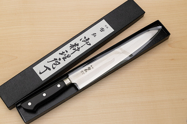 Tetsuhiro VG10 Kasumi nagashi Damascus Sujihiki knife 240mm (9.5") Black paper micarta Tetsuhiro VG10 Kasumi nagashi Damascus Sujihiki knife 240mm (9.5") Black paper micarta