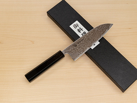 Hokiyama Sakon Bokusui AUS10 ROU-Wave Damascus 165mm (6.5") Santoku knife with Gold Dust Urushi lacquered Magnolia Wood octagon handle