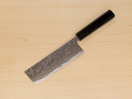 Hokiyama Sakon Bokusui AUS10 ROU-Wave Damascus 165mm (6.5") Nakiri knife with Gold Dust Urushi lacquered Magnolia Wood octagon handle