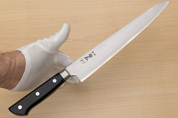 Tetsuhiro VG10 Kasumi nagashi Damascus Sujihiki knife 240mm (9.5") Black paper micarta Tetsuhiro VG10 Kasumi nagashi Damascus Sujihiki knife 240mm (9.5") Black paper micarta